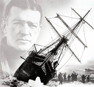 shackleton's face superimposed over a picture of the endurance stuck in the ice